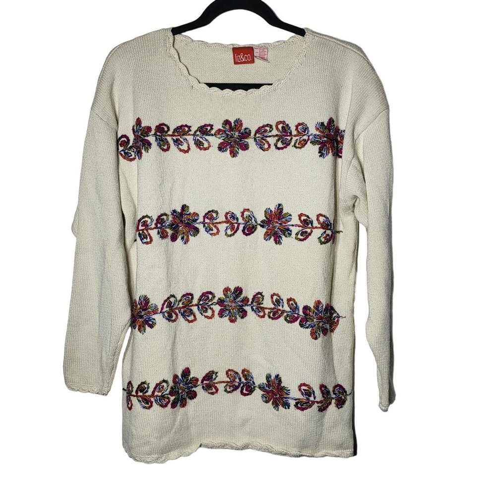 Liz&Co Womens Embroidered Sweater Size Medium Scalloped Grannycore Floral Dainty